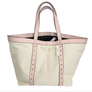 VICTORIA'S SECRET NWT CANVAS TOTE  pink trim and handles with gold tone …